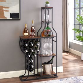 11 Bottle Wine Bakers Rack, 5 Tier Freestanding Wine Rack with Hanging Wine Glass Holder and Storage Shelves, Wine Storage Home Bar for Liquor and Win