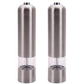 2pcs Stainless Steel Electric Automatic Pepper Mills Salt Grinder Silver (Color: As shown)